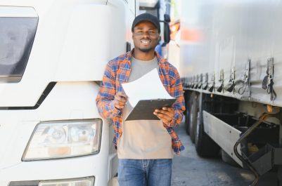 Happy African American truck driver on parking. Copy space.
